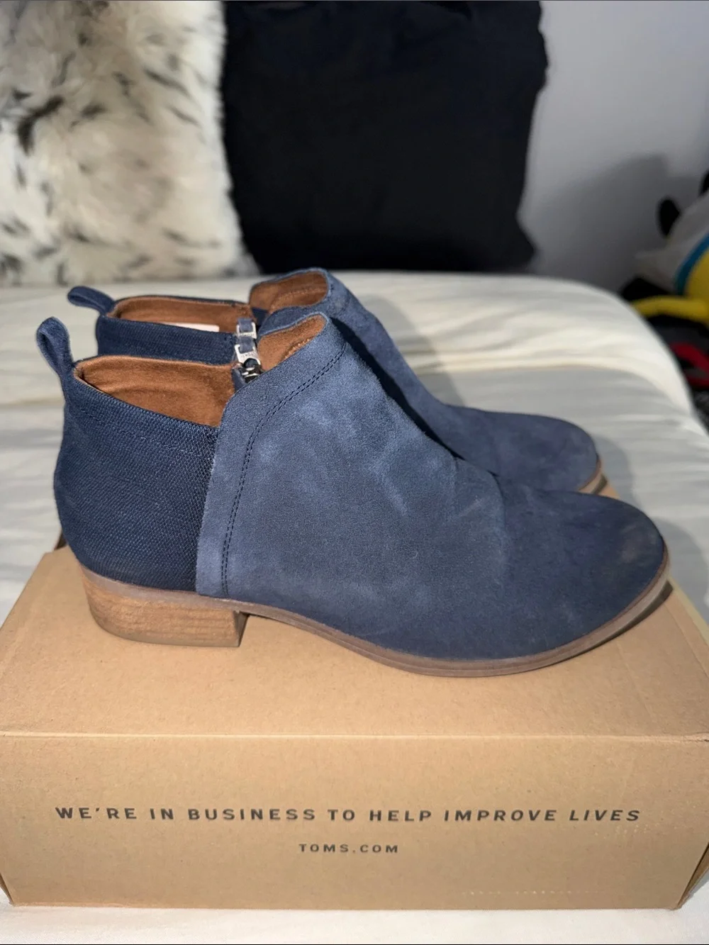 Toms Navy Suede Ankle Booties with Textile Heel